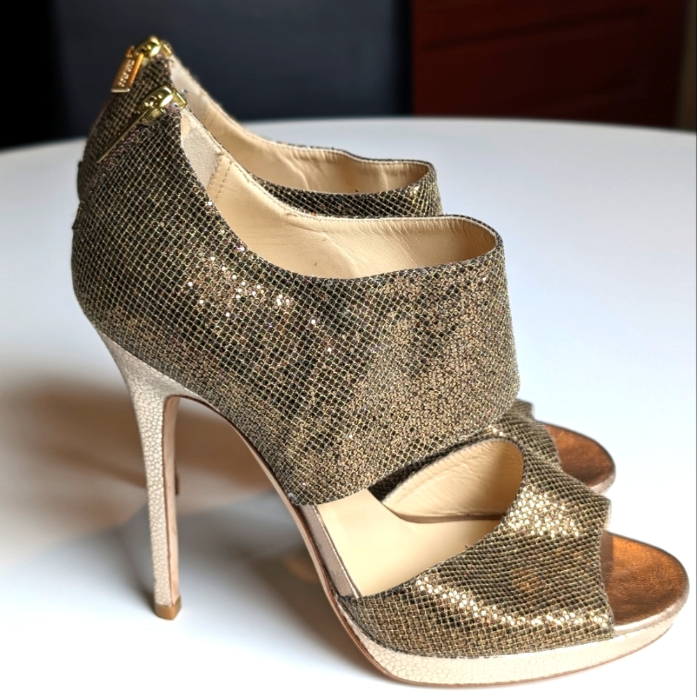 Jimmy Choo | Metallic Bronze Glitter Fabric Private Platform Sandals | 38.5